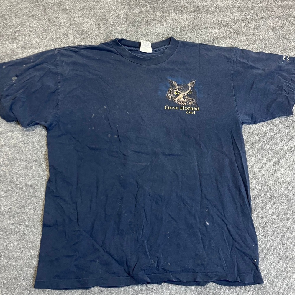 Alore T-Shirt Mens Size XL Navy Blue Great Horned Owl Graphic USA Cotton Stains